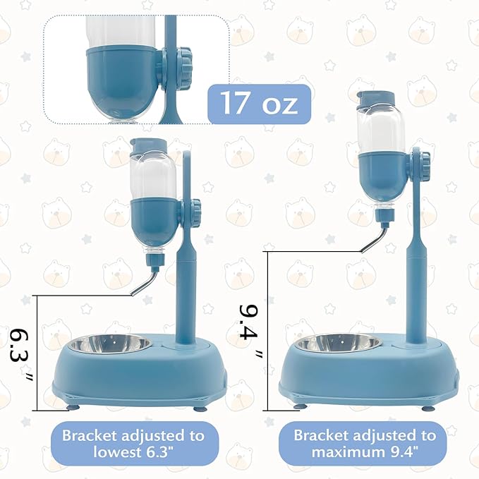 Fhiny Dog Water Feeder Bottle with Stand, Dispenser Automatic Water Food Bowl for Cage No-Drip Leak-Proof Adjustable Raised Pet Slow Water Bottle Dog Kennel Durable Drinker (Blue, 17oz)