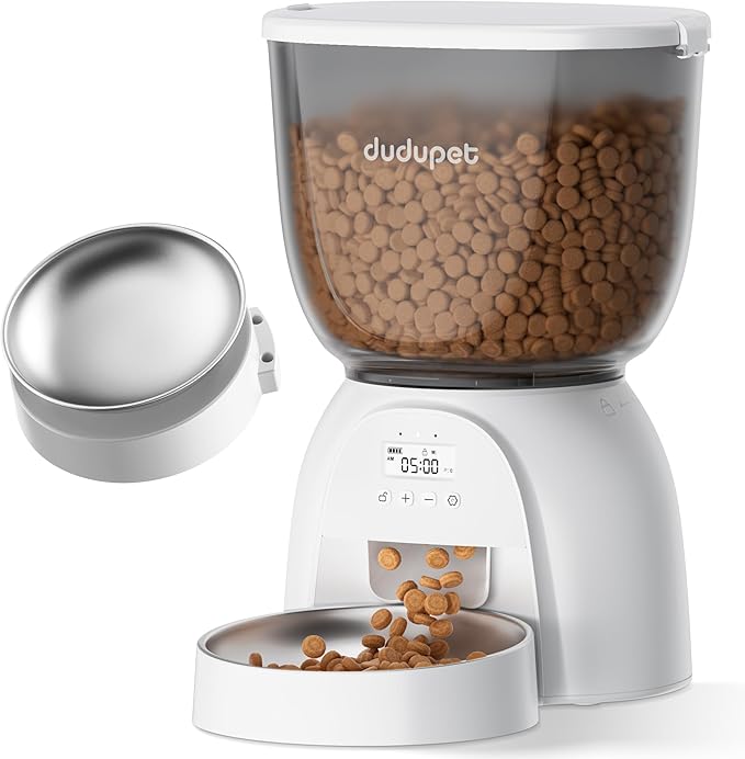 5L/21 Cup Automatic Cat Feeder, Timed Cat Food Dispenser, Automatic Pet Feeders Up to 6 Meals 1-20 Portion, Dual Power Supply Cats Feeder with Stainless Steel, Pet Dry Food Dispenser for Cats & Puppy
