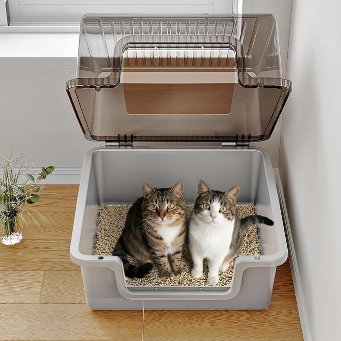 Oneluck Large Covered Cat Litter Box with Scoop and Transparent Lid, Non-Stick, Durable, Easy-Clean Pan for Multi-Cat Households,XL,Gray