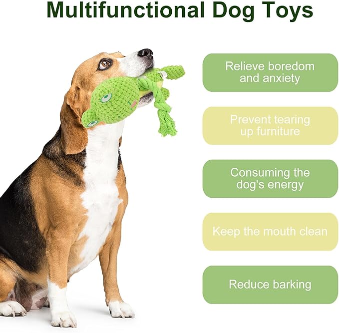 Dog Toys, Dog Squeaker Toys with Crinkle Paper, Stuffed Animal Dog Plush Chewing Toy, Cotton Rope Interactive Toys for Puppy, Small, Middle Dogs (Green Frog)