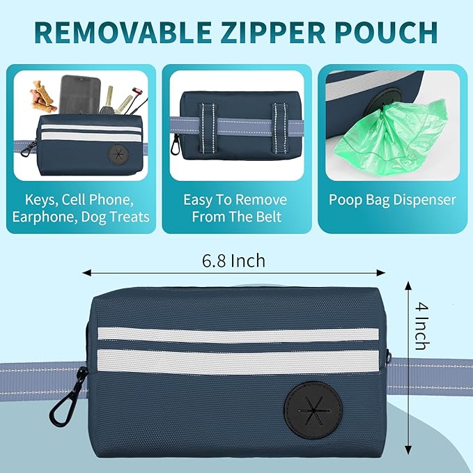Hands Free Dog Leash with Removable Zipper Pouch, Dual Padded Handles and Durable Bungee for Walking, Jogging and Running-Navy Blue