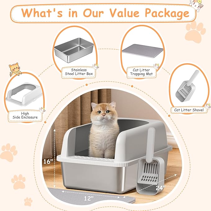 Stainless Steel Litter Box with Lid, Metal Litter Box with Cat Litter Mat,Extra Large Enclosed Cat Litter Boxes for Multiple Cats, Anti-Leakage,Non-Stick, Easy to Clean, Included Mat, Scoop