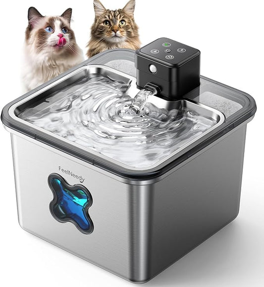 Cat Water Fountain Stainless Steel, FEELNEEDY Visual Filter Automatic Pet Water Fountain for Cats & Dogs Dispenser, Cordless Battery Operated Water Fountain for Cats Indoor - 3.2L/108oz
