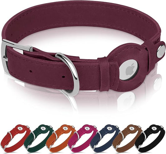 Leather Dog Collar with Airtag Holder - Apple AirTag Dog Collars - Soft Tracking Smart GPS Pet Collar for Small Medium Large Dogs Puppy (Burgundy, L, 15"-19" Neck Fit)