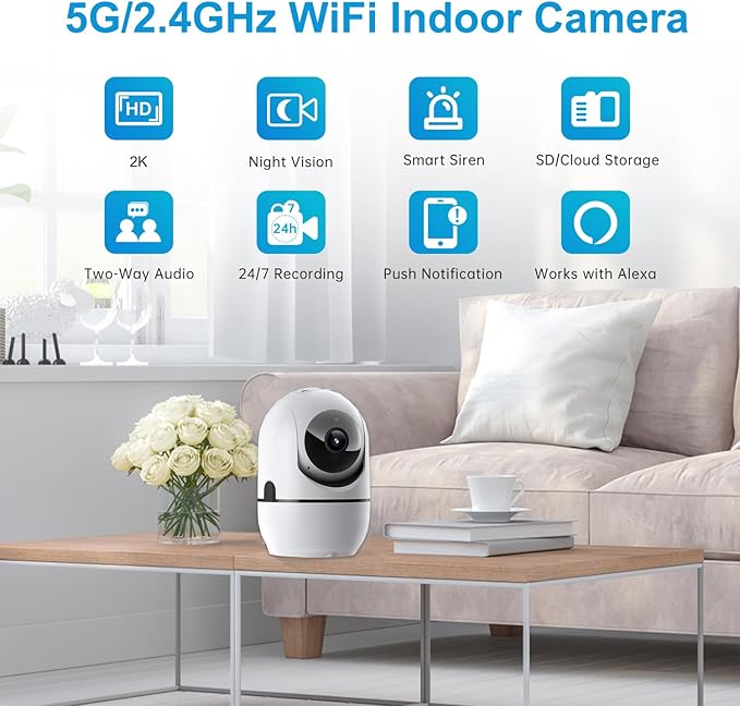 Pan/Tilt Indoor Security Camera, 5G&2.4G WiFi Indoor Cameras Wireless for Home Security, Baby/Pet/Dog/Cat Camera with Phone App, Motion Sensor & Night Vision, 2-Way Audio, TF/Cloud Storage