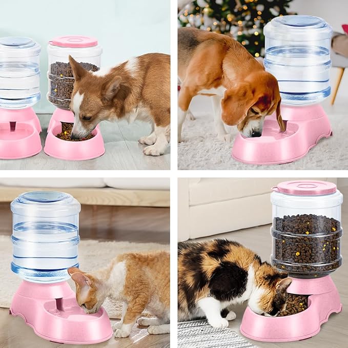 2 Pack Automatic Cat Feeder and Water Dispenser in Set Gravity Food Feeder and Waterer Pet Food Bowl for Small Medium Dog Pets Puppy Kitten Big Capacity 1 Gallon x 2 (Pink)