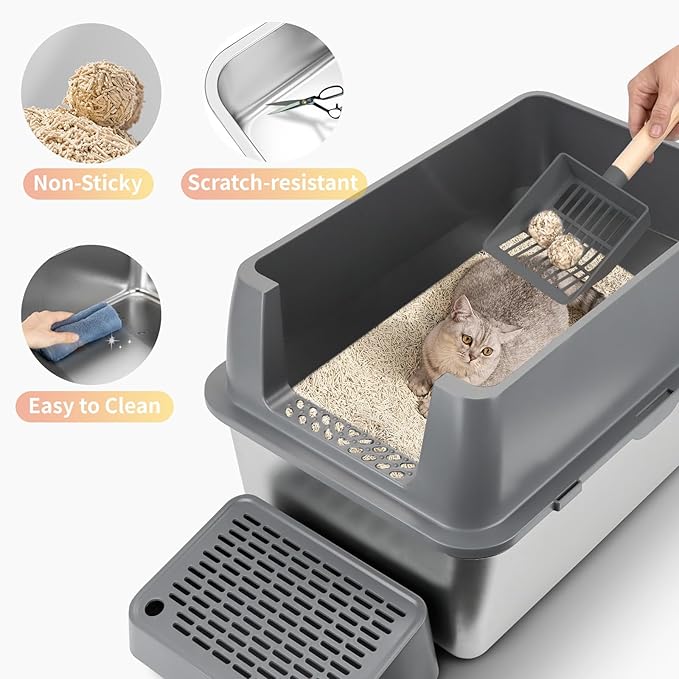 Stainless Steel Litter Box with Sifting Pan, XXL 23.6"L x 15.7"W x 17.7”H Enclosed High Sided Removable Metal Cat Litter Box withLid, Scoop, Anti-Leakage, Non-Sticky, Easy Cleaning (Dark Grey)