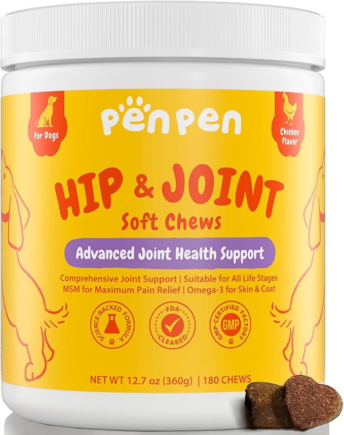 PENPENPET Hip and Joint Supplement for Dogs with Glucosamine for Dogs Chondroitin, MSM, and Turmeric to Support Joint Health, Promote Mobility (Chicken Chews, 180ct)