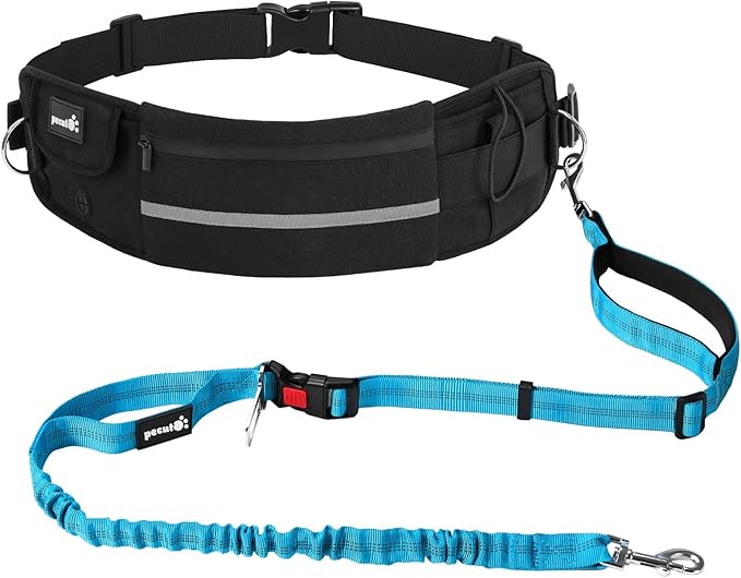 Pecute Hands Free Dog Leash with Pouch, Waist Belt Fanny Pack with Soft Padds, Dual Padded Handles and Durable Bungee for Walking, Hiking, Jogging Biking, and Running