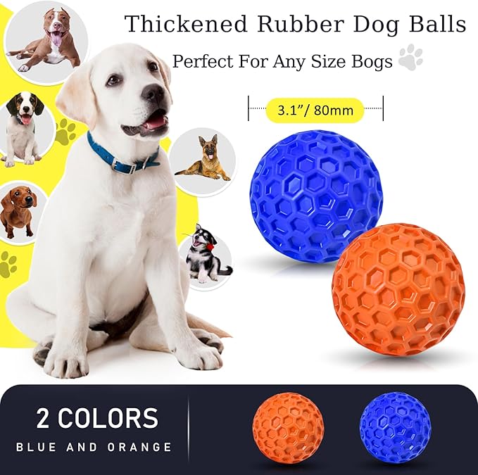 2 Pack Indestructible Squeaky Dog Balls, Cleans Teeth, Relieves Anxiety, Interactive Dog Toy for Aggressive Chewers, Rubber Ball Breeds, Outdoor Waterproof