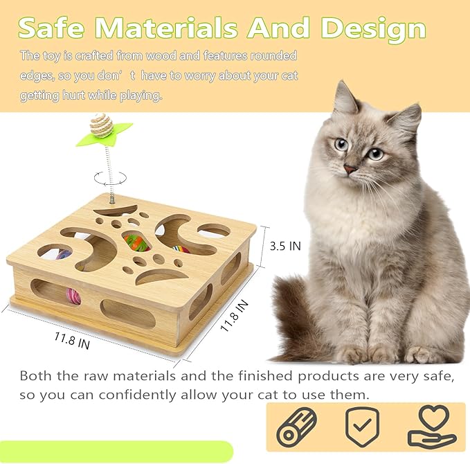 Interactive Wooden Cat Puzzle Toy Box Indoor Hunting Play Toy to Stimulate Your Cat’s Energy and Instincts (Burlywood)