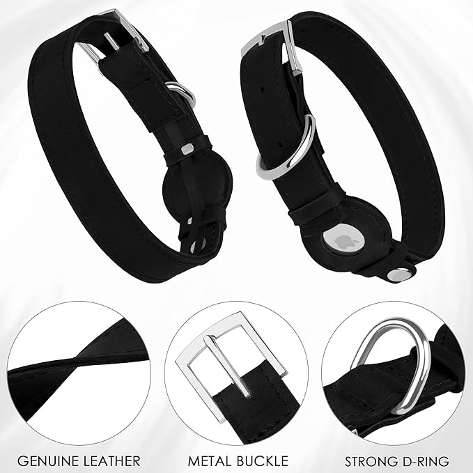 Leather Dog Collar with Airtag Holder - Apple AirTag Dog Collars - Soft Tracking Smart GPS Pet Collar for Small Medium Large Dogs Puppy (Black, M, 12"-15" Neck Fit)