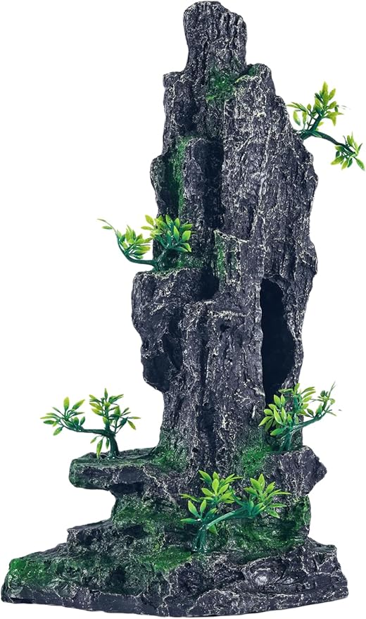 Large Fish Tank Decorations - Mountain View Aquarium Ornament with Tree House Cave
