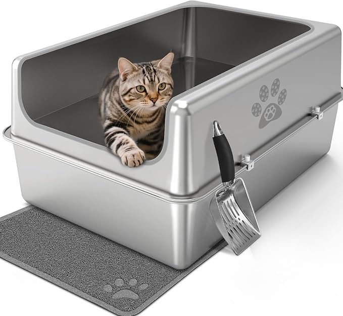 Enclosed Stainless Steel Cat Litter Box with Lid, Oversize Metal Litter Box for Multi Cats, XXXL Supersize Cat Toilet with High Side, Non-Stick, Anti-Leakage, Odorless, with Litter Mat & Litter Scoop