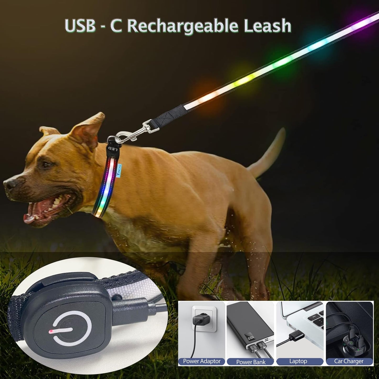 USB Rechargeable LED Dog Leash - 7 Colors & Color Cycling Mode, Light Up Dog Leash for Night Walking, Heavy Duty Padded Handle, 6FT for Small Medium Large Dogs