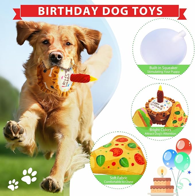 Birthday Squeaky crinkly Cake Aggressive chew for pups Sandwiches Pizza Party Dog Toy Colorful Playset to Keep Your Furry Friend Busy with 3 Pack Gift Toys