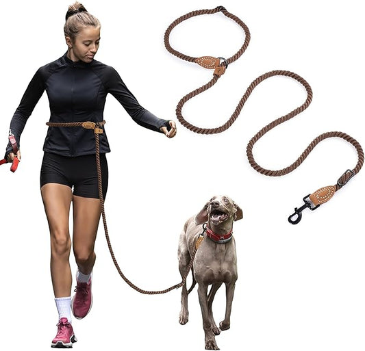 Mile High Life Hands Free Dog Leash, Crossbody Waist Leash with Genuine Leather Connection, Multifunctional Adjustable Slip Lead for Dog Walking Running (Dark Brown, 8FT)