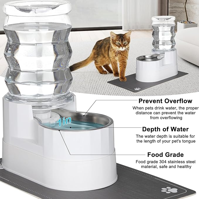 RIZZARI Pet Waterer Gravity Dispenser: White 7L Raised Bowl Feeder - Stainless Steel Anti-Leak Design - for Cats/Dogs Travel