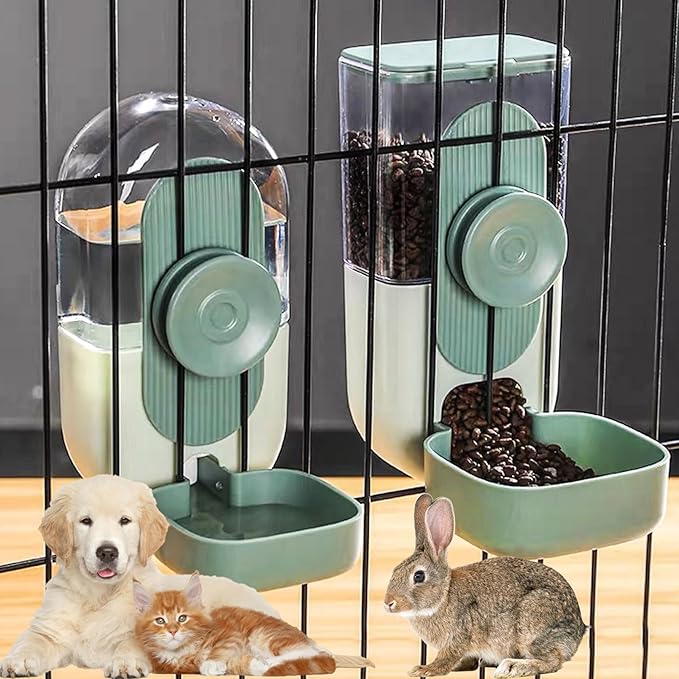 Hanging Automatic Pet Food Water Dispenser, 35oz Rabbit Feeder for Cage Gravity Feeder Siphon Waterer Set for Rabbit Chinchilla Hedgehog Ferret Cat Puppy (Green)