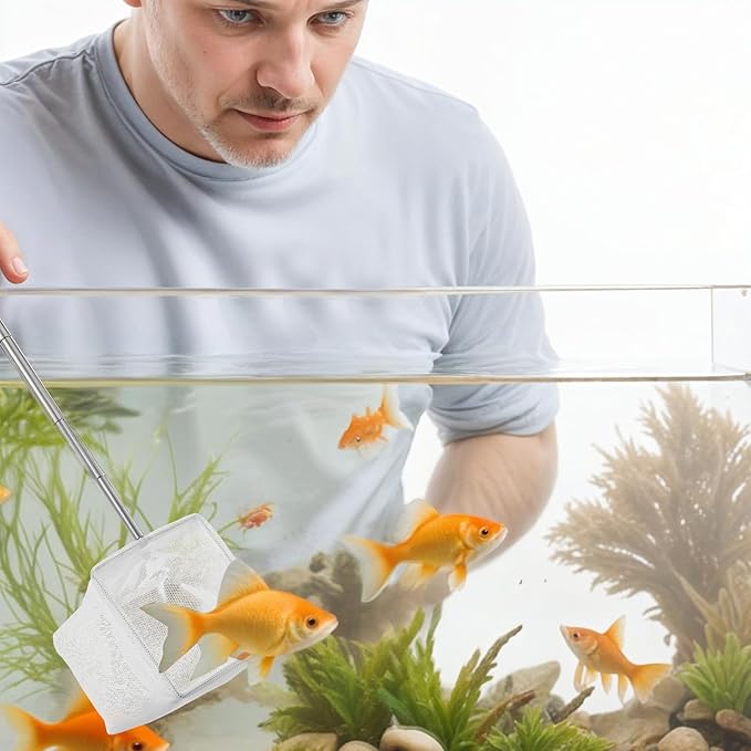 Fish Net for Fish Tank, 2 Pcs Aquarium Square Round Fishs Net Fine Mesh Fishs Nets Nano Nylon Nets with Extendable Stainless Steel Handle for Small Fishes Tank Aquarium Accessories (White)