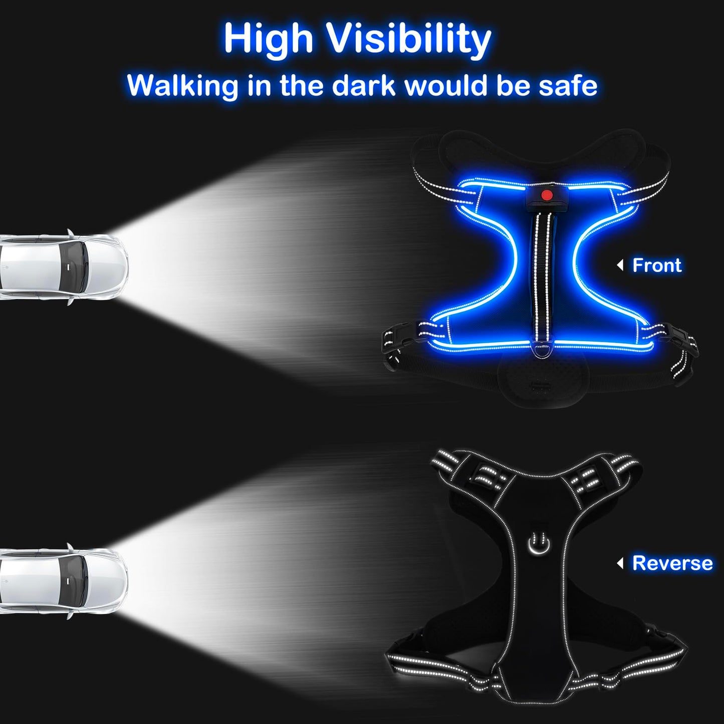 Vizbrite Light Up Dog Harness, No Pull LED Dog Harness with Handle, Rechargeable Lighted Safety Vest for Small Medium Large Dogs, Adjustable Soft Dog Lights for Night Walking