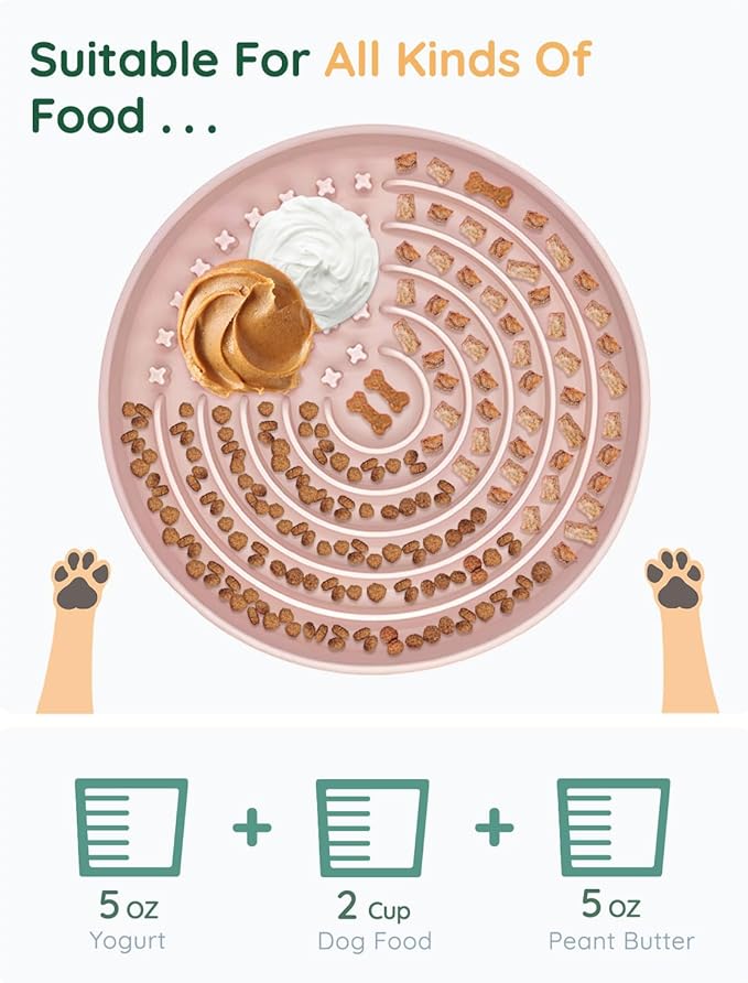Slow Feeder Dog Bowls, Slowdown Bowl - Puzzle Silicone Dog Feeding Bowls with Suction Cups, Innovative Lick Mat, Healthy Eating, Dishwasher Microwave Safe, Mealtime Challenge, 7.5" x 1.3"Pink