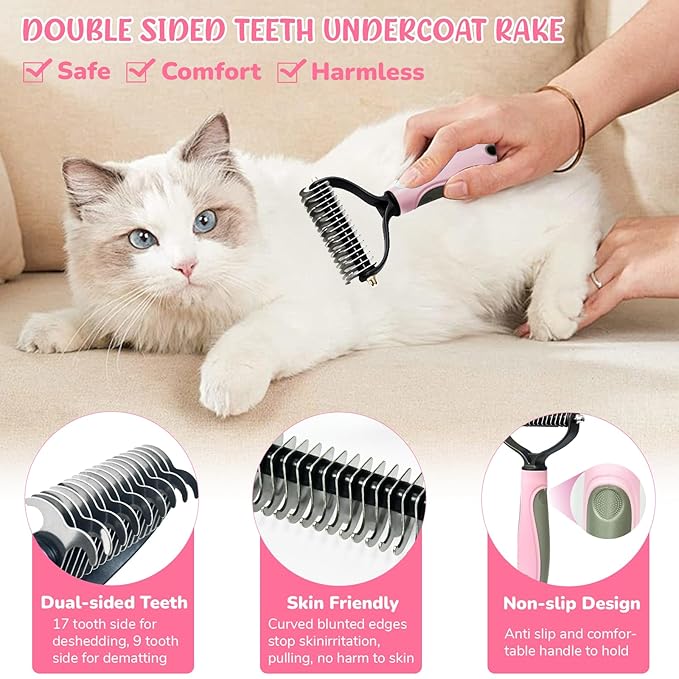 Dog Brush & Grooming Kit – 9-Piece Pet Brush & Deshedding Set for Shedding, Bathing, Trimming & Nail Care | Grooming Tools for Dogs & Cats, Includes Comb, Nail Clipper, Scissors, Slicker Brush (Pink)