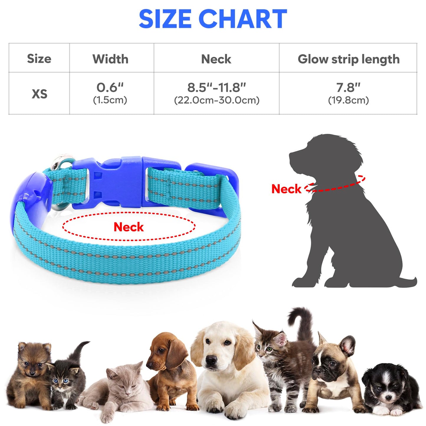 Domagiker LED Dog Collar Rechargeable - Reflective Light Up Cat Collar Adjustable Glowing Puppy Necklace Safety Dog Lights for Night Walking (XS, Blue)