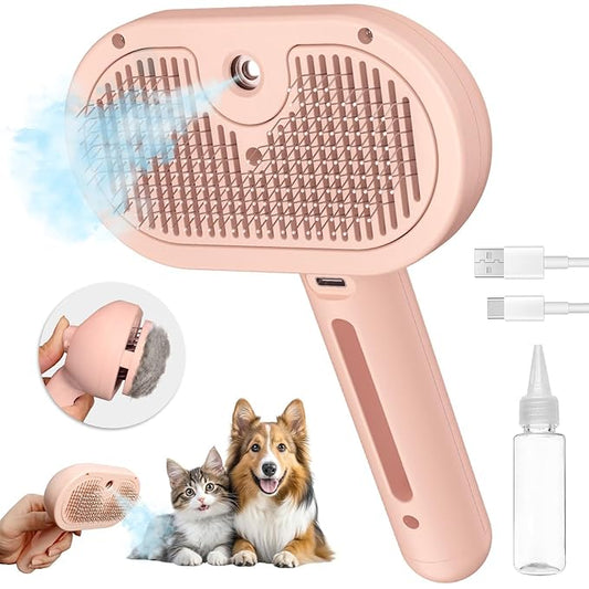 3-in-1 Steam Brush with Release Button and Tank, Anti-Static Pet Brush for Long and Short Hair - Removes Tangles and Loose Hair (Pink)
