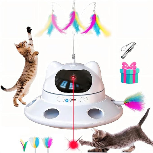 Cat Laser Toy,3-in-1Interactive Cat Toys Automatic Cat Toy with 360° Random Laser & Interactive Feather - 5 Laser PatternsUSB Rechargeable Motion Activated Moving - Fun Toys for Indoor Cats & Kittens