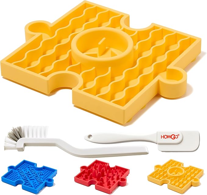 HowGo Puzzle Slow Feeder Lick Mat for Dogs, 38+ Suction Cups | Non-Slip Heavy Duty Maze Enrichment Bowl BPA-Free Silicone | Reduce Boredom Anxiety Free Combination (1PC, Yellow)