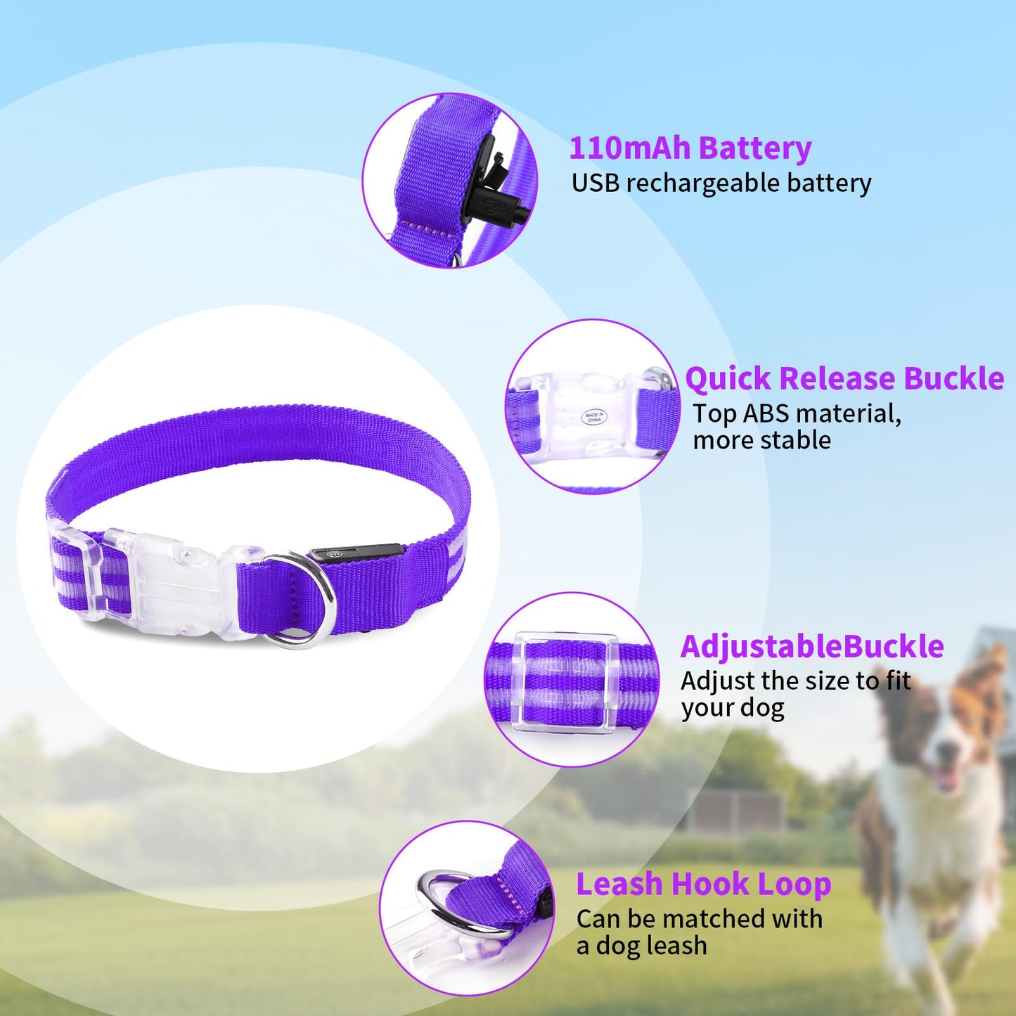 LED Dog Collar, USB Rechargeable Light Up Dog Collar, Adjustable Glowing Dog Collars, Comfortable Soft Collar for Small, Medium, Large Dogs Night Walking-Purple S