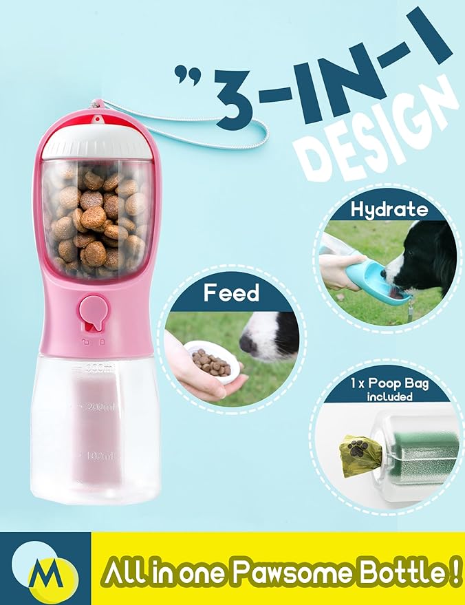 Portable Water Bottle for Small Dogs, 3 in 1 Pet Travel Bowl Dispenser with Food Treat Container & Poop Bag Holder, Summer Walking Hiking Accessories for Puppy On The Go - Pink, 10oz
