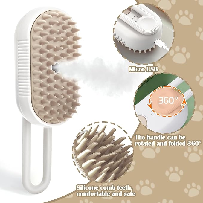 Cat Steam Brush - 5 In1 Grooming Kit for Cats and Dogs Silicone Massage Tool - Stainless Steel Nail Scissors - Hair Detangling Comb - Water Spray Rechargeable Shedding Wash-Free Essence (White)