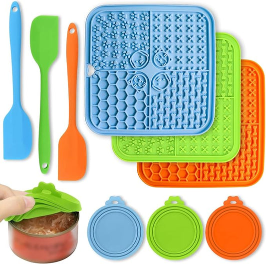 3 Pcs Licking Mat for Dogs and Cats Set, 3 Lick Mats with Suction Cups for Dog Anxiety Relief, Cat Lick Pad,3 Spoons and 3 Silicone lids for pet Canning(9 Pcs in Total)