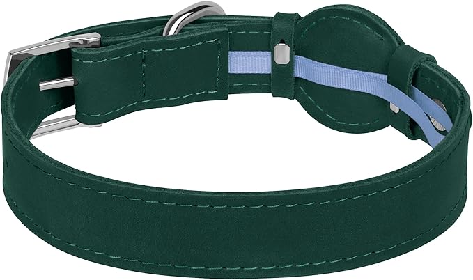 Leather Dog Collar with Airtag Holder - Apple AirTag Dog Collars - Soft Tracking Smart GPS Pet Collar for Small Medium Large Dogs Puppy (Green, L, 15"-19" Neck Fit)