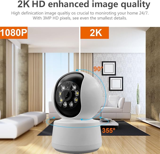 2K Indoor Security Camera, 2.4GHz/5GHz 360 View Pan/Tilt WiFi Cameras for Home Security, Pet Dog Baby Camera with Phone App, Motion Detection, Color Night Vision, 2-Way Audio, 24/7 SD Card Storage