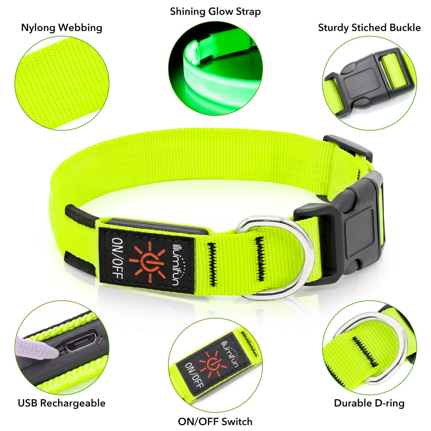 Illumifun LED Dog Collar, Light Up Dog Collar Rechargeable Glow in Dark Pet Collar Safety Dog Lights for Night Walking Camping (Green, Large)