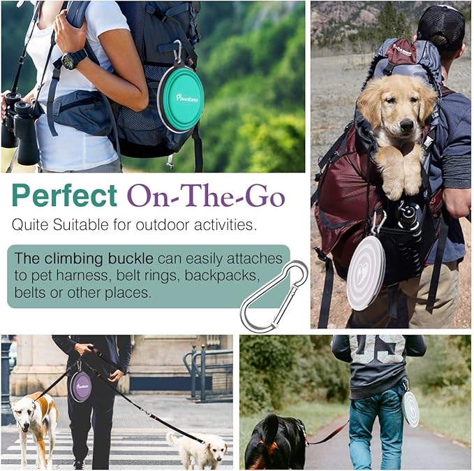 Pawaboo Collapsible Dog Bowls 2 Pack, Silicone Feeding Watering Bowls with Lids & Carabiners for Dogs Cats, Portable Water Feeder Food Bowl for Walking Traveling Home Use, 1000ml, Violet+Turquoise