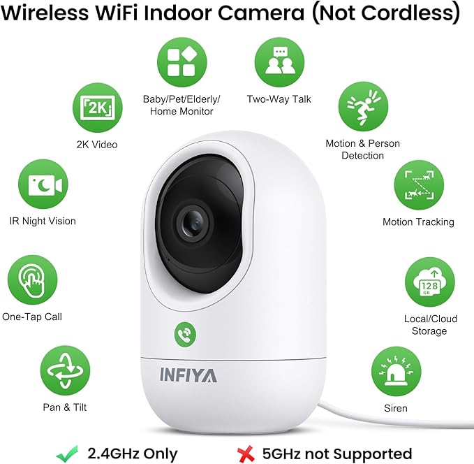 2K Security Camera Indoor-360 Cameras for Home Security and One-Tap Call, Elderly/Cat/Baby/Nanny, Motion Alert, Intelligent Tracking, 2.4GHz WiFi Only, Work with Alexa/Google Home, K7 2Pack