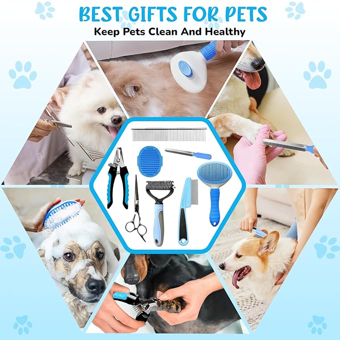 Dog Brush & Grooming Kit – 9-Piece Pet Brush & Deshedding Set for Shedding, Bathing, Trimming & Nail Care | Grooming Tools for Dogs & Cats, Includes Comb, Nail Clipper, Scissors, Slicker Brush (Blue)