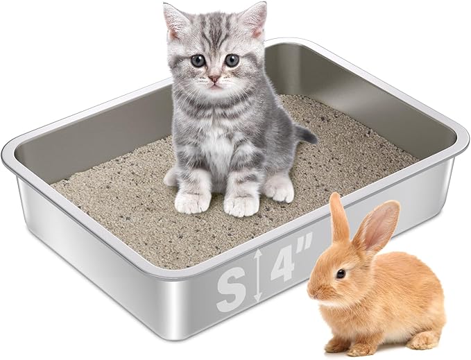 Stainless Steel Litter Box for Kitten,15.7"×11.8"×4" Metal Cat Litter Box,Small Litterbox for Kittens,Rabbit,Guinea Pigs,Non Stick, Non Odor, Easy to Clean