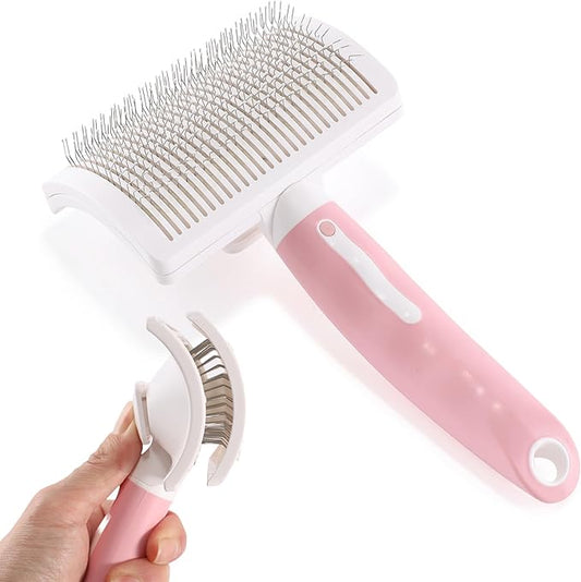 Dog Self-Cleaning Slicker Brush with One Button Fur Removal and Coated Tips Deshedding Brush for Medium or Long Hair Dogs Pink