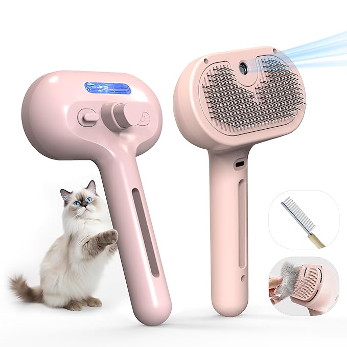 Pet Grooming Brush with Electronic Mist Spray - Gentle Deshedding Tool for Cats & Dogs, Pet Steam Brush,Reduces Shedding, Soft Bristles, Promotes Healthy Coat-Comes with a hair smoothing comb-Red