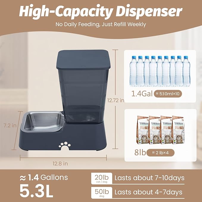 Automatic 5.4L/1.4Gal Pet Waterer, Automatic Dog Water Dispenser Gravity Stainless Steel Water Feeder, Large Capacity Feeding Bowls for Cats and Medium & Large-Sized Dogs (Black, Food+Water)