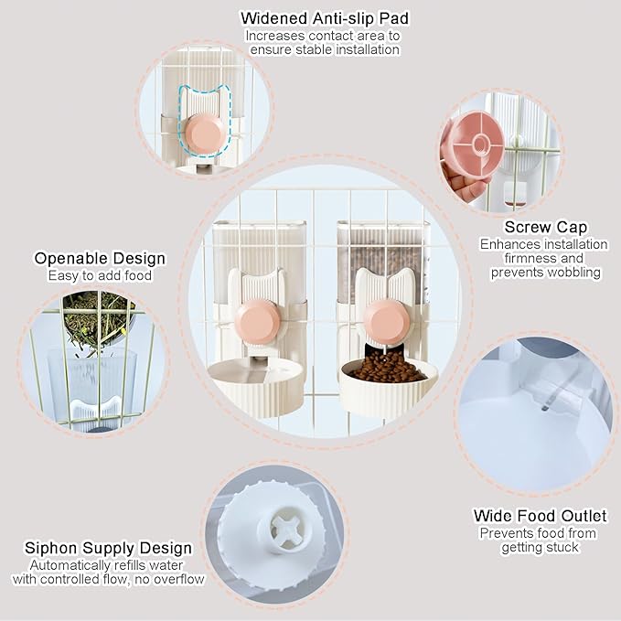 Hanging Automatic Pet Feeder Water Dispenser Set, 35oz Rabbit Food Bowl Water Bottle Cage-Mounted Gravity Hanging Feeder for Small Pets Rabbits Ferrets Cats Dogs Guinea Pigs (Pink)