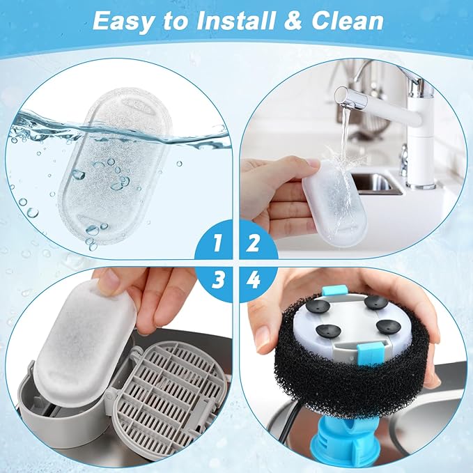 Cat Water Fountain Filter Replacement, 12 Pcs Cat Filters Pet Water Fountain Filters with 12 Pcs Sponges Foam for 67oz/2L & 108oz/3.2L Stainless Steel Automatic Cat Water Fountain Dispenser Filters