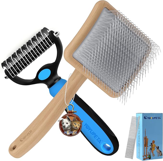 Large Slicker Brush for Dogs - 3PC Pet Grooming Kit - Undercoat Rake & Stainless Comb | Long Pins Remove Mats on Poodles, Golden, Labradoodles | Thick Coat Deshedder for Dogs, Cats, Oak
