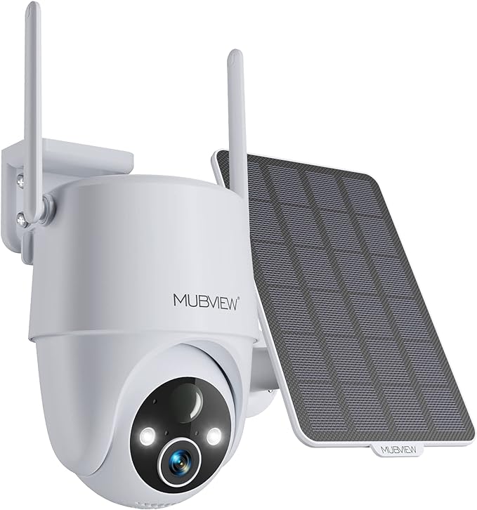 MUBVIEW Solar Security Cameras Wireless Outdoor, 2K 360° PTZ Battery Powered Outdoor Camera, 2.4Ghz WiFi Home Security Camera, Color Night Vision, Motion Detection, 2-Way Audio, Local/Cloud Storage