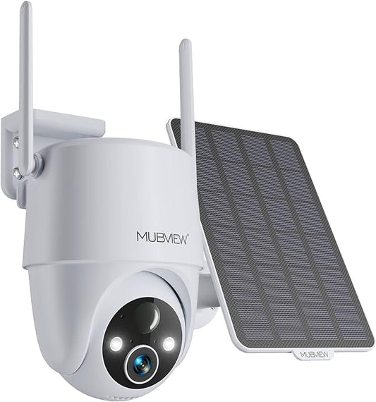 MUBVIEW Solar Security Cameras Wireless Outdoor, 2K 360° PTZ Battery Powered Outdoor Camera, 2.4Ghz WiFi Home Security Camera, Color Night Vision, Motion Detection, 2-Way Audio, Local/Cloud Storage